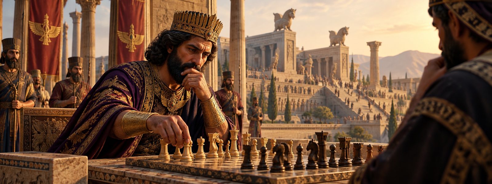 Ein persischer König spielt Schach vor den Palästen von Persepolis